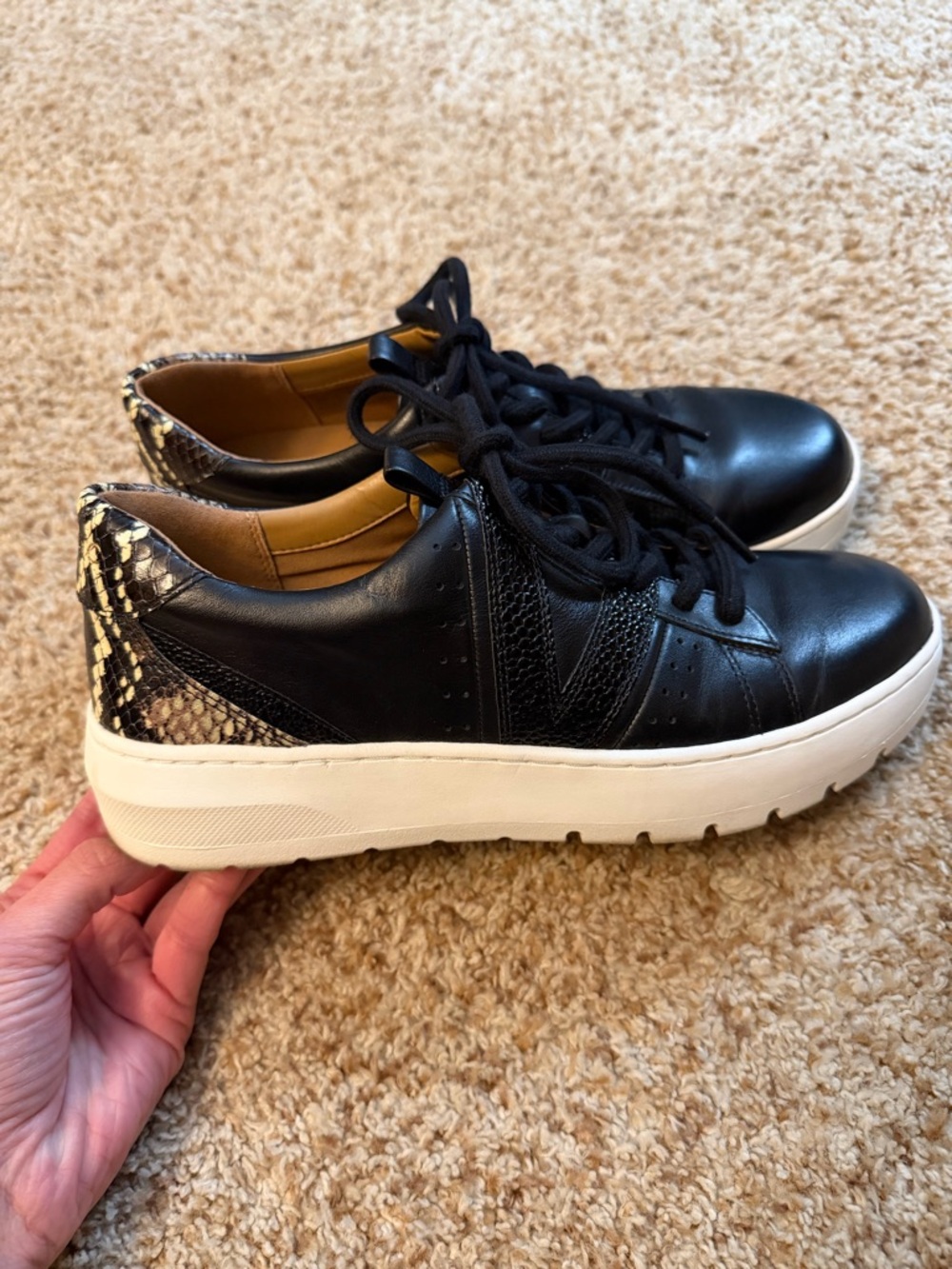 Vionic Black Sneakers with Snake-Print Heel and White Platform